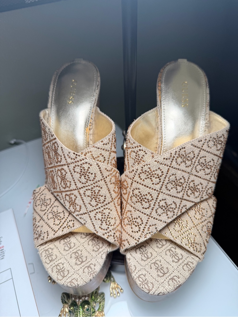 Guess Neutral Woven Crisscross Wedge Mules